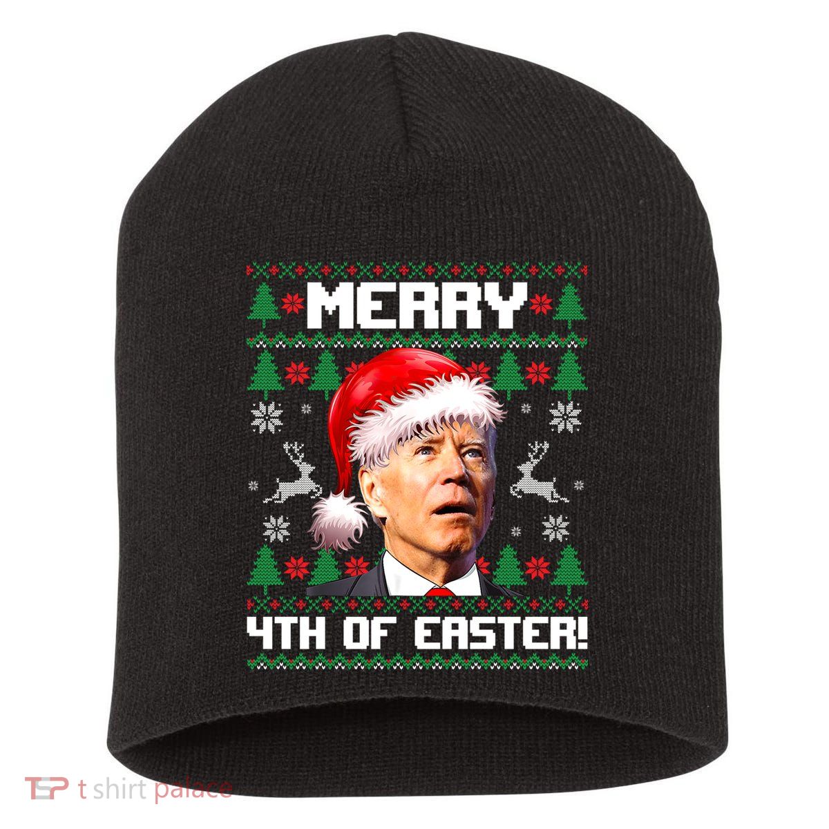 Santa Joe Biden Merry 4th Of Easter Ugly Sweater Christmas Sweatshirt Short Acrylic Beanie