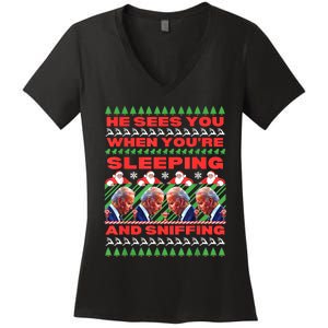 Sleepy Joe Biden Christmas He Sees You When YouRe Sleeping Women's V-Neck T-Shirt