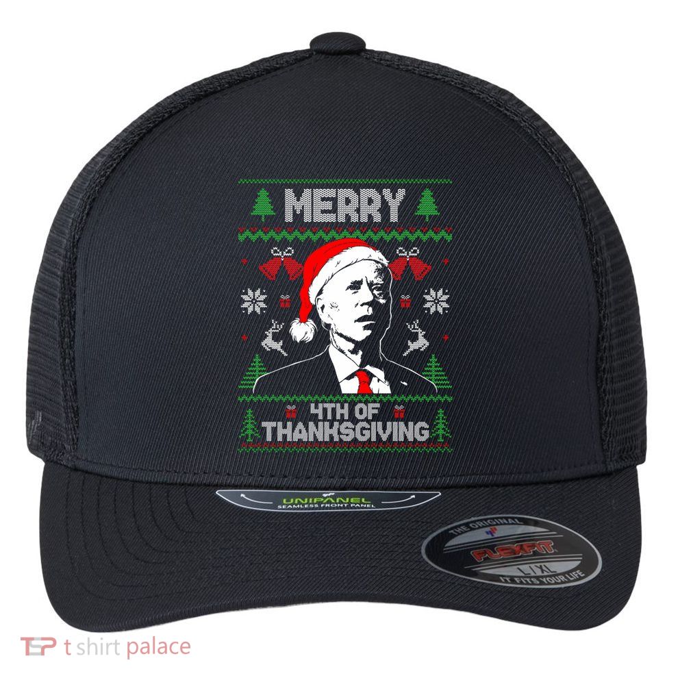 Santa Joe Biden Merry Thanksgiving Ugly Christmas Sweater Sweatshirt Flexfit Unipanel Trucker Cap