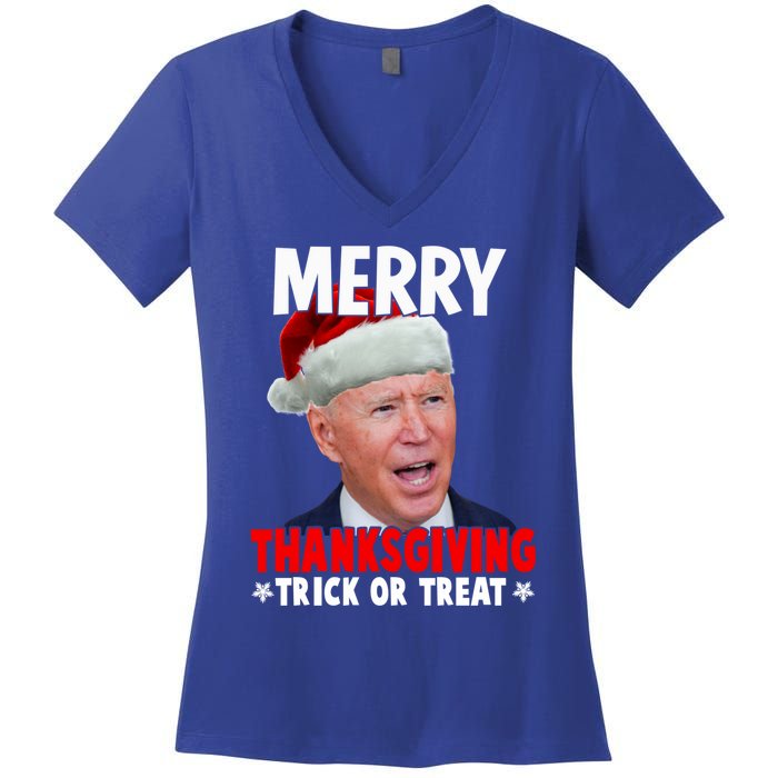 Santa Joe Biden Merry Thanksgiving Christmas Ugly Sweater Gift Women's V-Neck T-Shirt