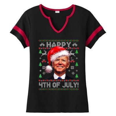 Santa Joe Biden Happy 4th Of July Ugly Christmas Sweater Ladies Halftime Notch Neck Tee