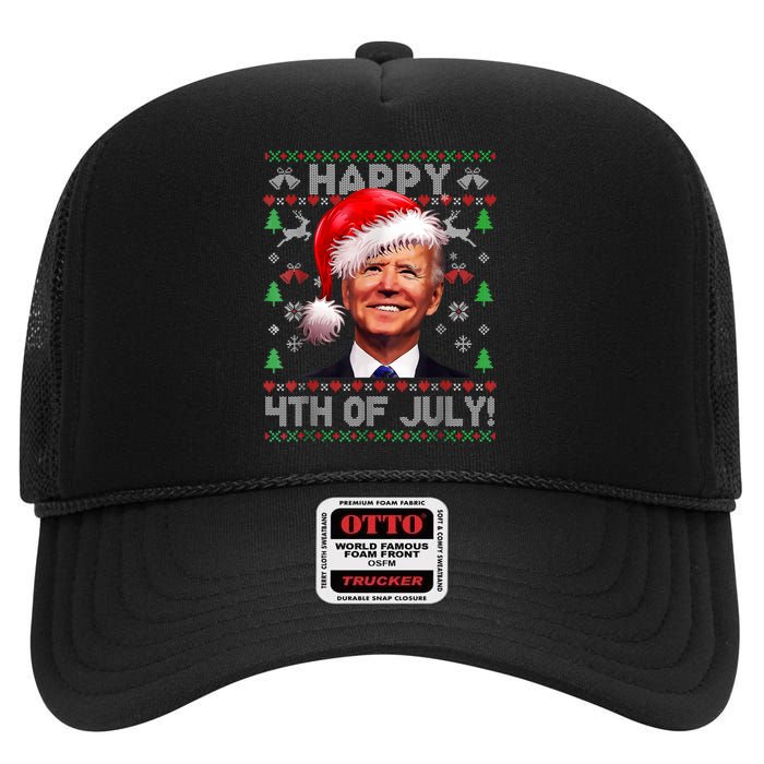 Santa Joe Biden Happy 4th Of July Ugly Christmas Sweater High Crown Mesh Back Trucker Hat