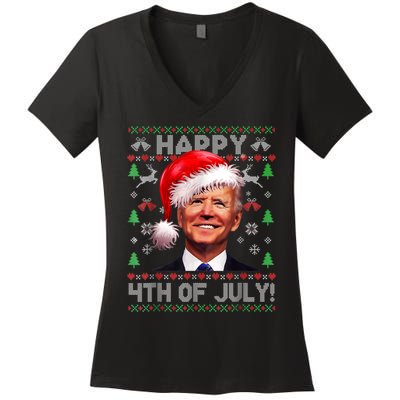 Santa Joe Biden Happy 4th Of July Ugly Christmas Sweater Women's V-Neck T-Shirt