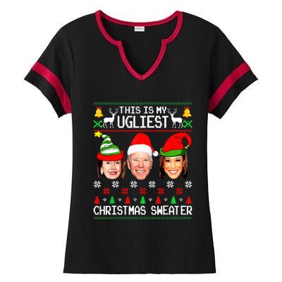 Santa Joe Biden This Is My Ugliest Christmas Sweater Ugly  Ladies Halftime Notch Neck Tee