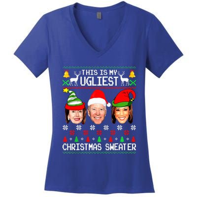 Santa Joe Biden This Is My Ugliest Christmas Sweater Ugly  Women's V-Neck T-Shirt