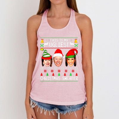 Santa Joe Biden This Is My Ugliest Christmas Sweater Ugly  Women's Knotted Racerback Tank