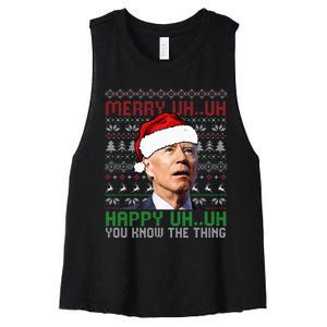 Santa Joe Biden Merry Uh Uh Christmas Ugly Sweater Women's Racerback Cropped Tank