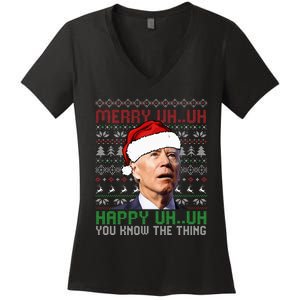 Santa Joe Biden Merry Uh Uh Christmas Ugly Sweater Women's V-Neck T-Shirt