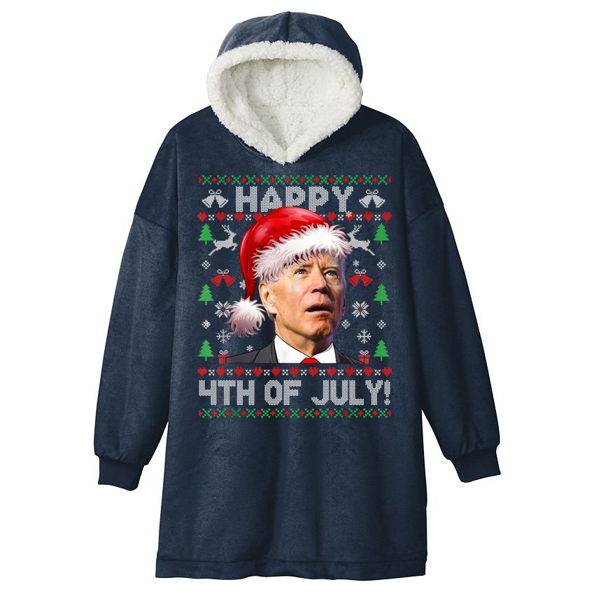 Santa Joe Biden Happy 4th Of July Ugly Christmas Sweater Hooded Wearable Blanket