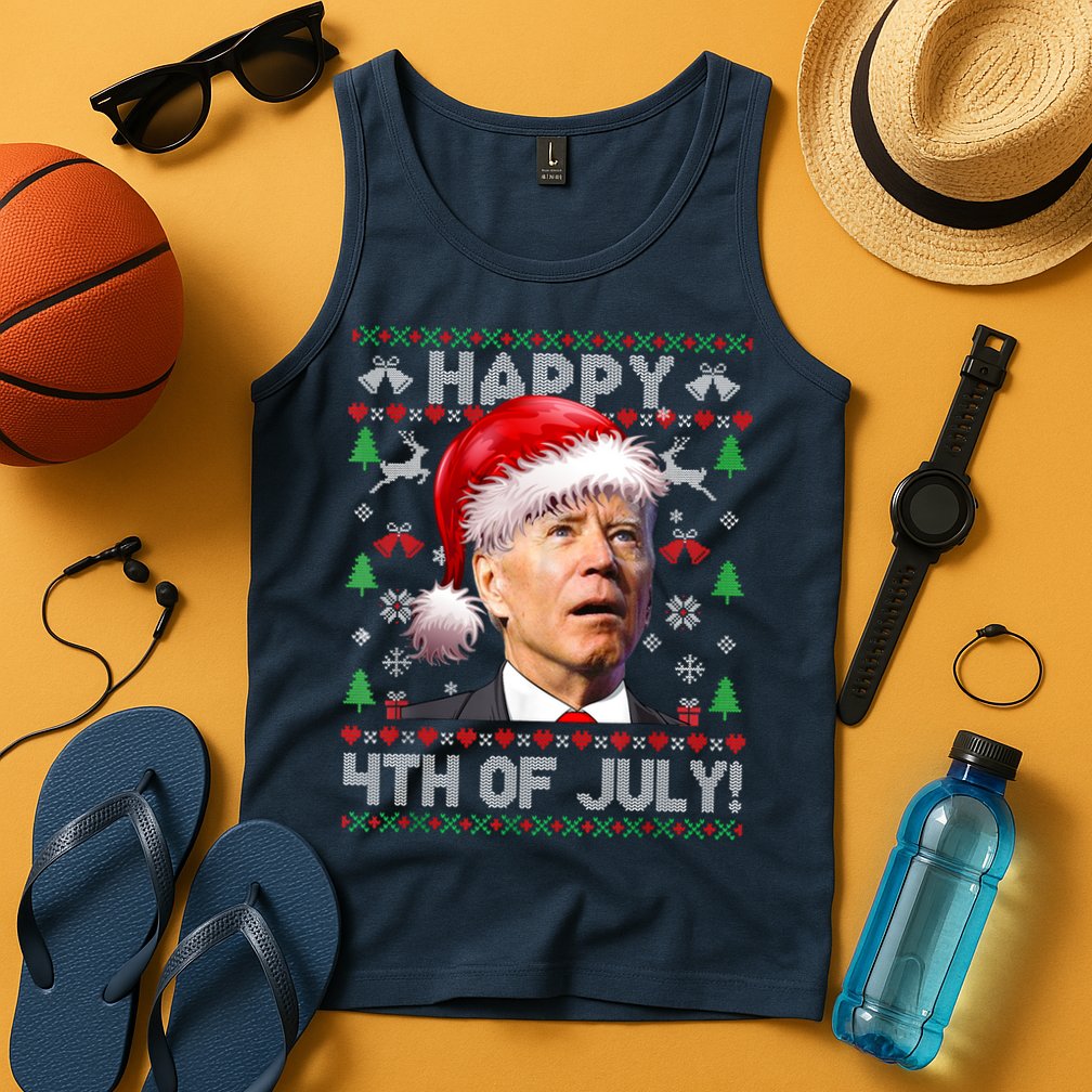 Santa Joe Biden Happy 4th Of July Ugly Christmas Sweater Tank Top
