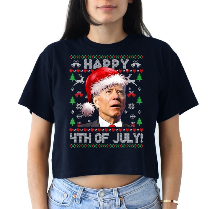 Santa Joe Biden Happy 4th Of July Ugly Christmas Sweater Women's Crop Top Tee