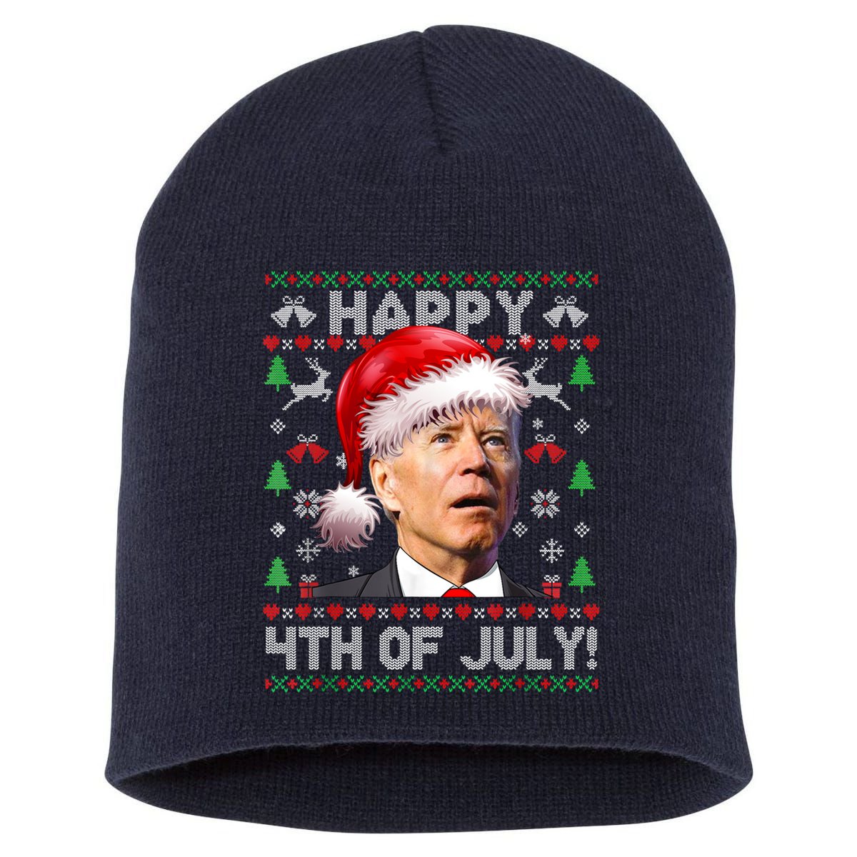 Santa Joe Biden Happy 4th Of July Ugly Christmas Sweater Short Acrylic Beanie
