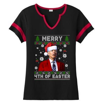 Santa Joe Biden Merry 4th Of Easter Funny FJB Anti Biden Ugly Christmas Sweater Ladies Halftime Notch Neck Tee