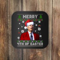 Santa Joe Biden Merry 4th Of Easter Funny FJB Anti Biden Ugly Christmas Sweater Coaster