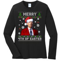 Santa Joe Biden Merry 4th Of Easter Funny FJB Anti Biden Ugly Christmas Sweater Ladies Long Sleeve Shirt