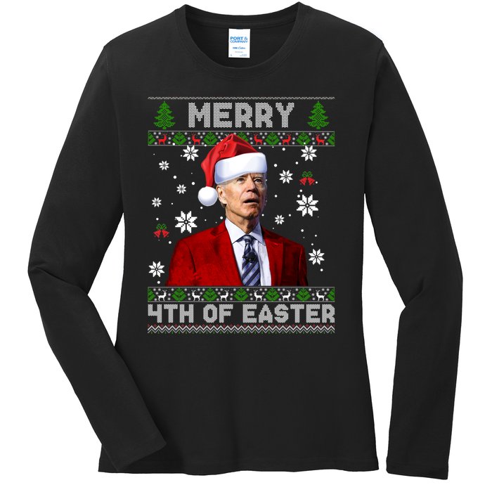 Santa Joe Biden Merry 4th Of Easter Funny FJB Anti Biden Ugly Christmas Sweater Ladies Long Sleeve Shirt