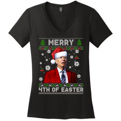 Santa Joe Biden Merry 4th Of Easter Funny FJB Anti Biden Ugly Christmas Sweater Women's V-Neck T-Shirt