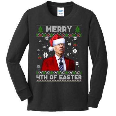 Santa Joe Biden Merry 4th Of Easter Funny FJB Anti Biden Ugly Christmas Sweater Kids Long Sleeve Shirt