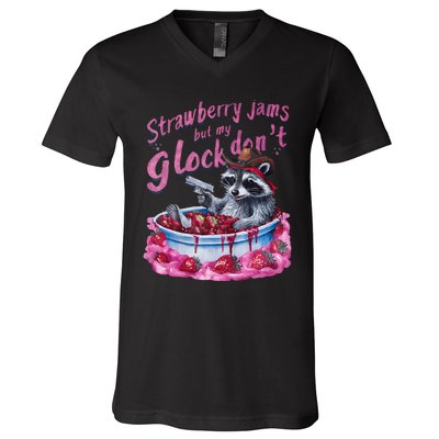 Strawberry Jams But My Dont Funny Raccoon V-Neck T-Shirt