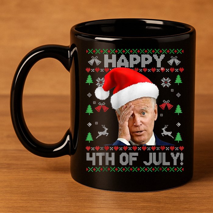 Santa Joe Biden Happy 4th Of July Funny Political Ugly Christmas Sweater 11oz C Handle Ceramic Mug