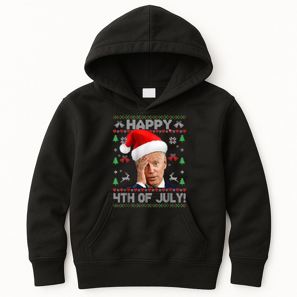 Santa Joe Biden Happy 4th Of July Funny Political Ugly Christmas Sweater Kids Hoodie