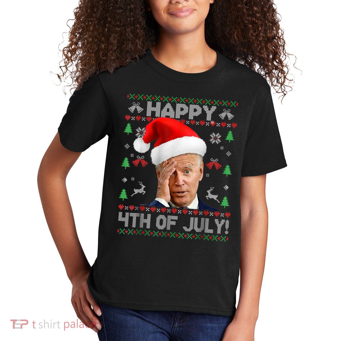 Santa Joe Biden Happy 4th Of July Funny Political Ugly Christmas Sweater Kids T-Shirt