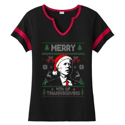 Santa Joe Biden Merry Thanksgiving Ugly Christmas Ladies Halftime Notch Neck Tee