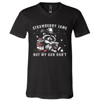 Strawberry Jams But My Gun Dont Raccoon Feral Silly Unhinged V-Neck T-Shirt