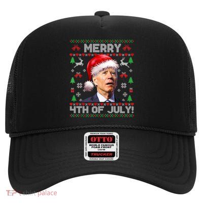 Santa Joe Biden Merry 4th Of July Ugly Christmas Sweater Gift High Crown Mesh Back Trucker Hat