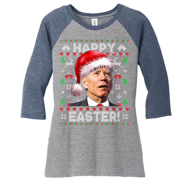 Santa Joe Biden Happy Easter Ugly Christmas Sweater Women's Tri-Blend 3/4-Sleeve Raglan Shirt
