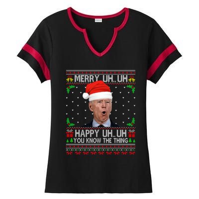 Santa Joe Biden Merry Uh Uh Christmas Ugly Sweater Ladies Halftime Notch Neck Tee