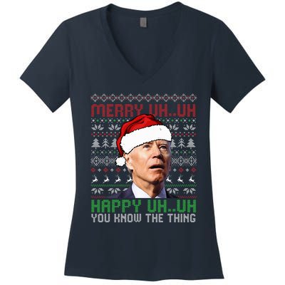 Santa Joe Biden Merry Uh Uh Christmas Ugly Sweater  Women's V-Neck T-Shirt