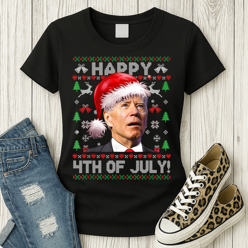 Santa Joe Biden Happy 4th Of July Ugly Christmas Sweater Womens T-Shirt