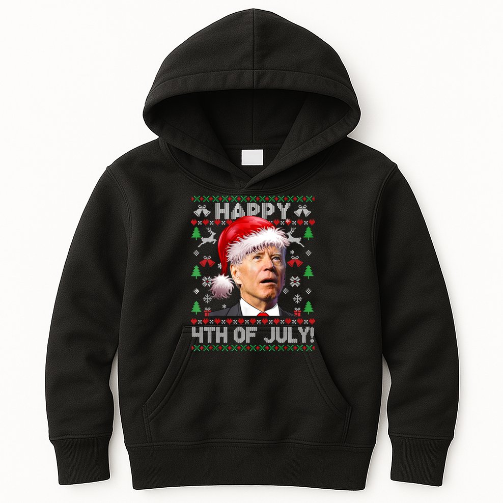 Santa Joe Biden Happy 4th Of July Ugly Christmas Sweater Kids Hoodie