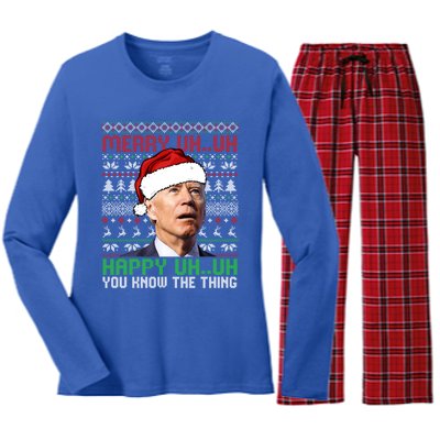 Santa Joe Biden Merry Uh Uh Christmas Ugly Cool Gift Women's Long Sleeve Flannel Pajama Set 