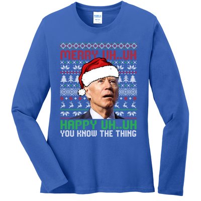 Santa Joe Biden Merry Uh Uh Christmas Ugly Cool Gift Ladies Long Sleeve Shirt