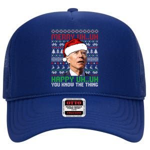 Santa Joe Biden Merry Uh Uh Christmas Ugly Cool Gift High Crown Mesh Back Trucker Hat