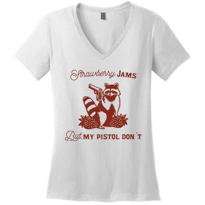 Strawberry Jams But My Pistol DonT Racoon Women's V-Neck T-Shirt