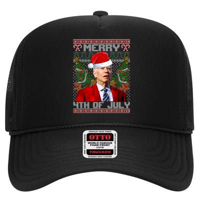 Santa Joe Biden Merry 4th Of July Ugly Christmas Sweaters High Crown Mesh Back Trucker Hat