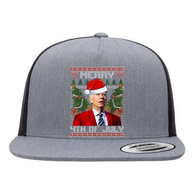 Santa Joe Biden Merry 4th Of July Ugly Christmas Sweaters Flat Bill Trucker Hat