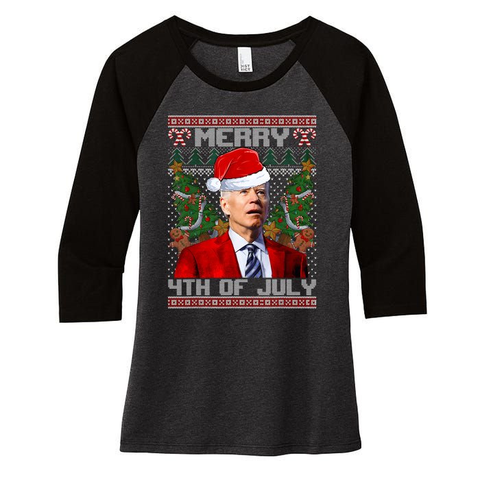 Santa Joe Biden Merry 4th Of July Ugly Christmas Sweaters Women's Tri-Blend 3/4-Sleeve Raglan Shirt