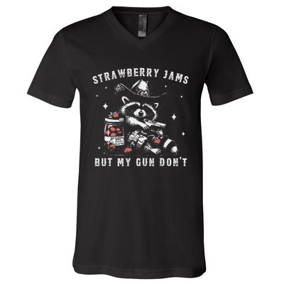 Strawberry Jams But My Gun Dont Raccoon Feral Silly Unhinged Gift V-Neck T-Shirt