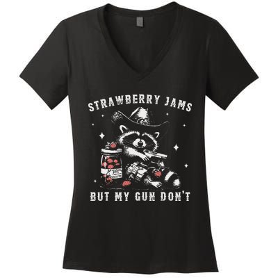 Strawberry Jams But My Gun Dont Raccoon Feral Silly Unhinged Gift Women's V-Neck T-Shirt