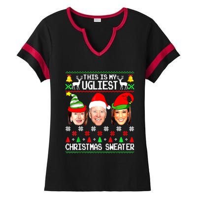 Santa Joe Biden This Is My Ugliest Christmas Sweater Ugly Ladies Halftime Notch Neck Tee