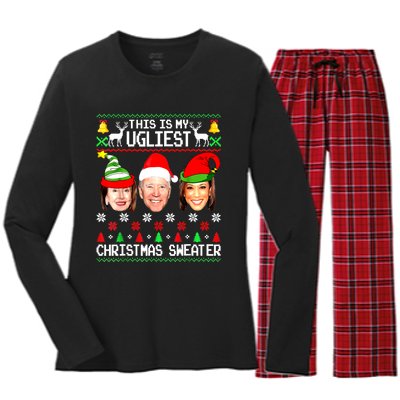 Santa Joe Biden This Is My Ugliest Christmas Sweater Ugly Women's Long Sleeve Flannel Pajama Set 