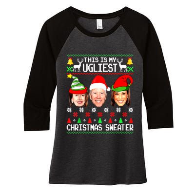 Santa Joe Biden This Is My Ugliest Christmas Sweater Ugly Women's Tri-Blend 3/4-Sleeve Raglan Shirt