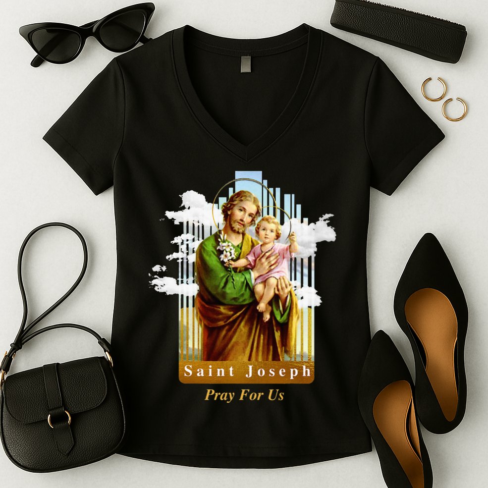 Saint Joseph Catholic Church St. Joseph With Infant Jesus Women's V-Neck T-Shirt