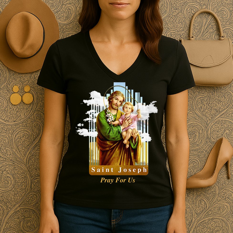 Saint Joseph Catholic Church St. Joseph With Infant Jesus Women's V-Neck T-Shirt