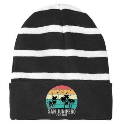 San Junipero California Beach Retro Vacation Souvenir Striped Beanie with Solid Band