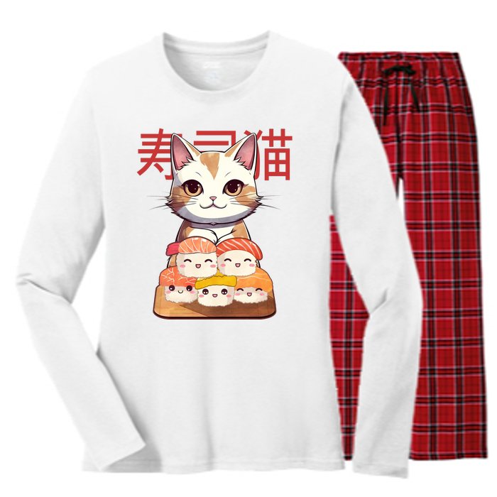 Sushi Japanese Cat Cute Gift Women's Long Sleeve Flannel Pajama Set 